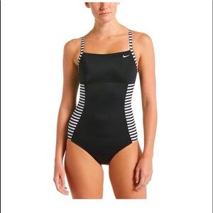 Nike One-Piece Swimsuit – Black & White Striped – Size L (Fits M too)